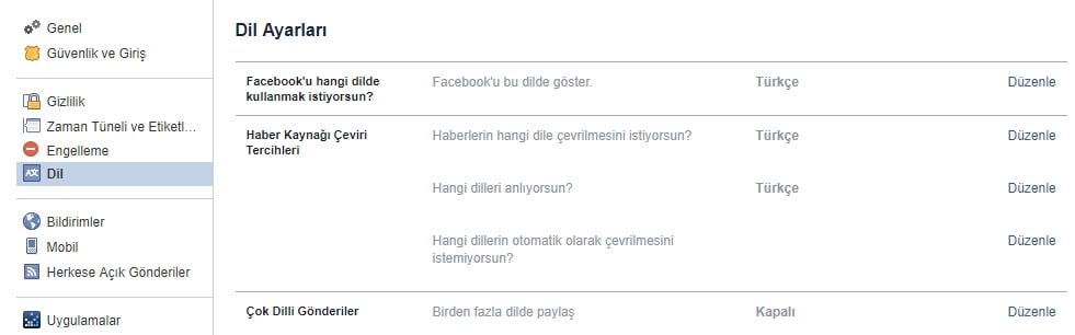 Facebook dil değiştirme ayarları