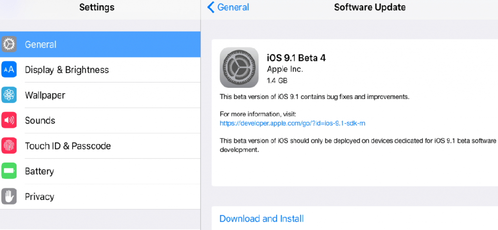 Apple, iOS 9.1 Beta 4 sürüm güncellemesini yayınladı.
