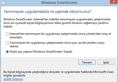 Windows 10 Smartscreen Kapatma iptal Etmek